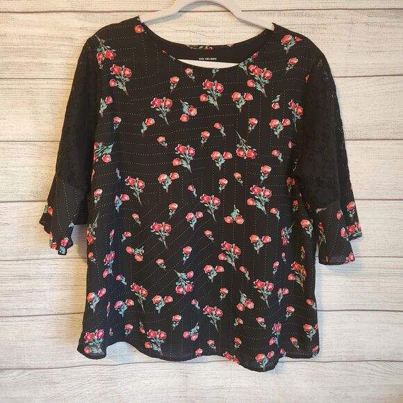 Van Heusen XL black floral short flutter lace sleeve blouse - Picture 1 of 7
